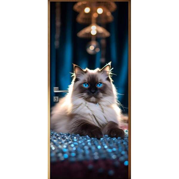 Adesivo de Porta Gato Ragdoll em Ambiente Azul Luxuoso