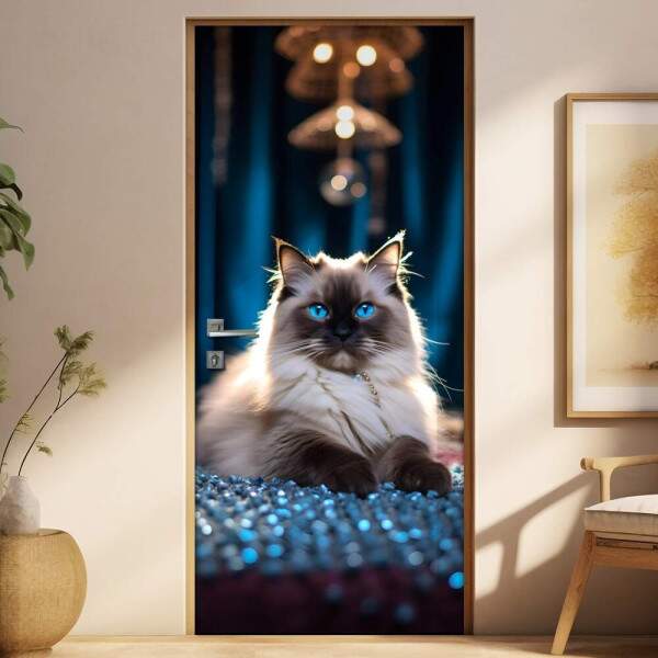 Adesivo de Porta Gato Ragdoll em Ambiente Azul Luxuoso