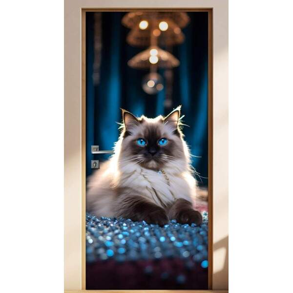 Adesivo de Porta Gato Ragdoll em Ambiente Azul Luxuoso