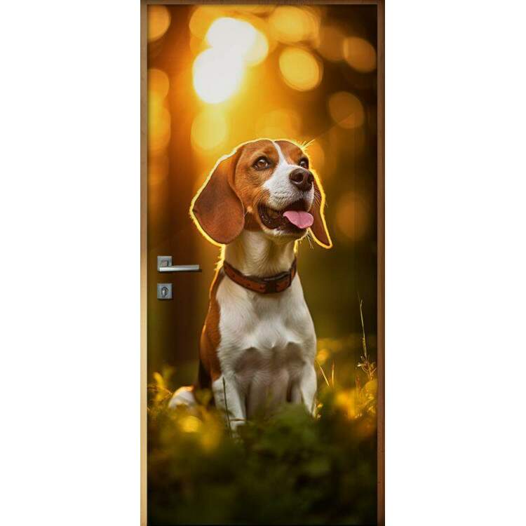 Adesivo de Porta Cachorro Beagle Sendo Iluminado em Floresta