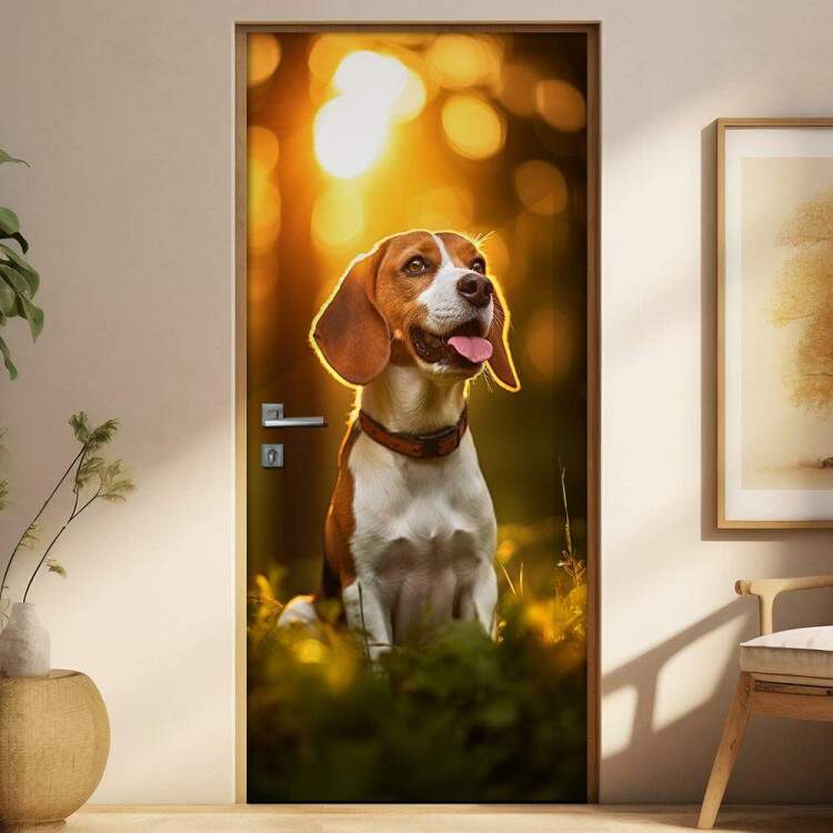 Adesivo de Porta Cachorro Beagle Sendo Iluminado em Floresta