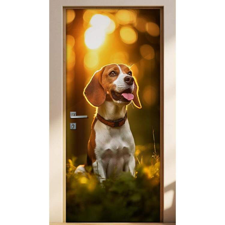 Adesivo de Porta Cachorro Beagle Sendo Iluminado em Floresta