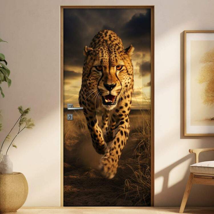 Adesivo de Porta Leopardo Correndo com Seu Instinto Selvagem