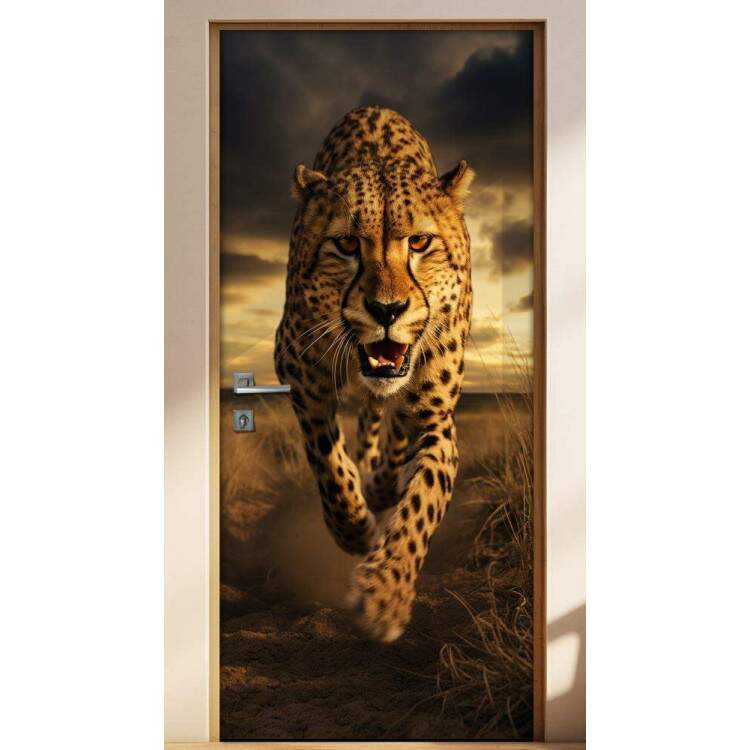 Adesivo de Porta Leopardo Correndo com Seu Instinto Selvagem