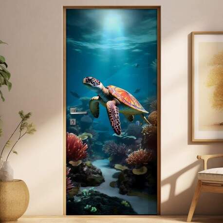Adesivo de Porta Tartaruga Nadando em Mar com Algas