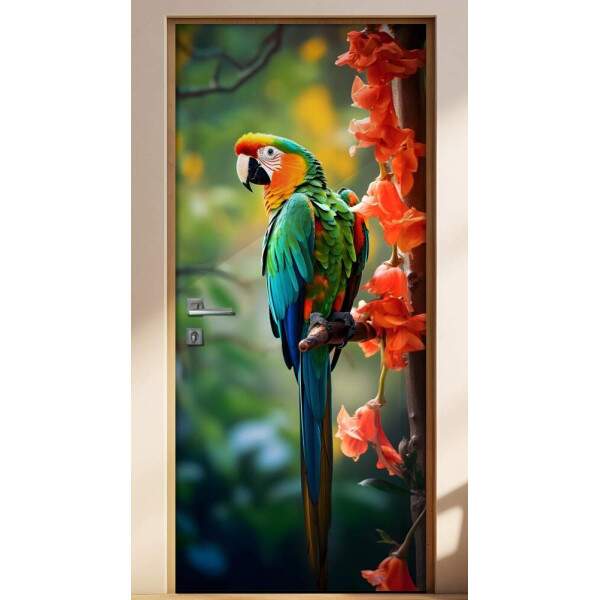Adesivo de Porta Papagaio Colorido Empoleirado Em Um Galho de rvore