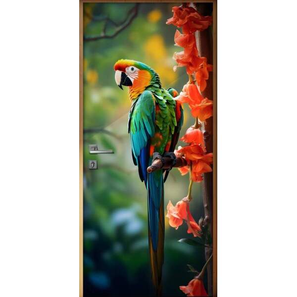 Adesivo de Porta Papagaio Colorido Empoleirado Em Um Galho de rvore