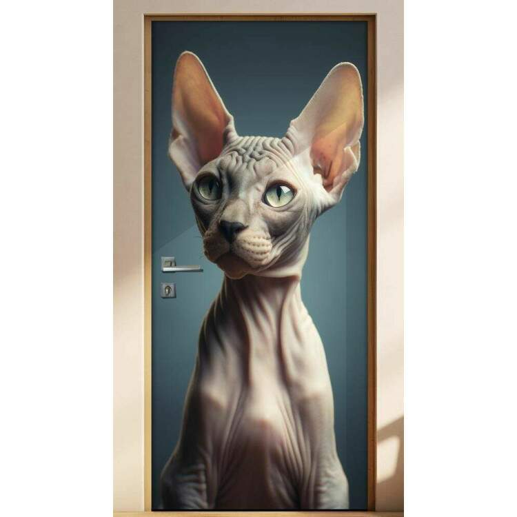 Adesivo de Porta Gato Sphynx Pousando em Uma Sesso de Fotos