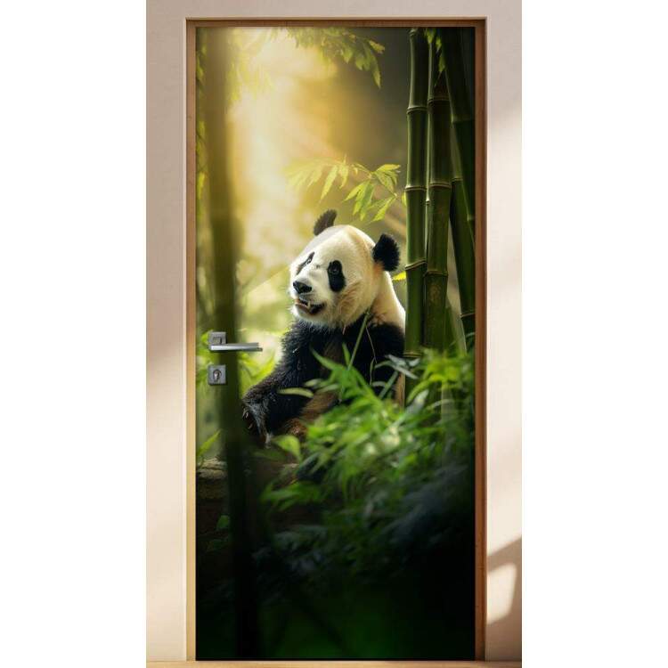 Adesivo de Porta Panda em Floresta com Bambu