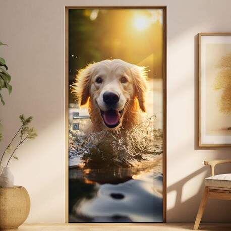 Adesivo de Porta Golden Retriever Nadando com Sol Iluminando