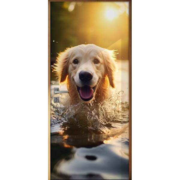 Adesivo de Porta Golden Retriever Nadando com Sol Iluminando