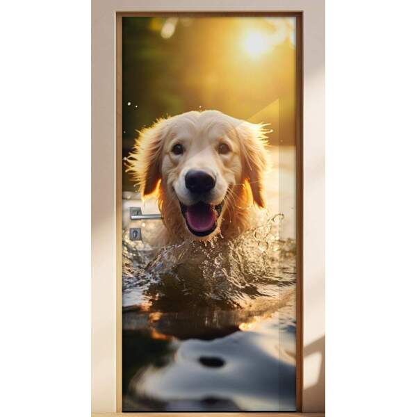 Adesivo de Porta Golden Retriever Nadando com Sol Iluminando
