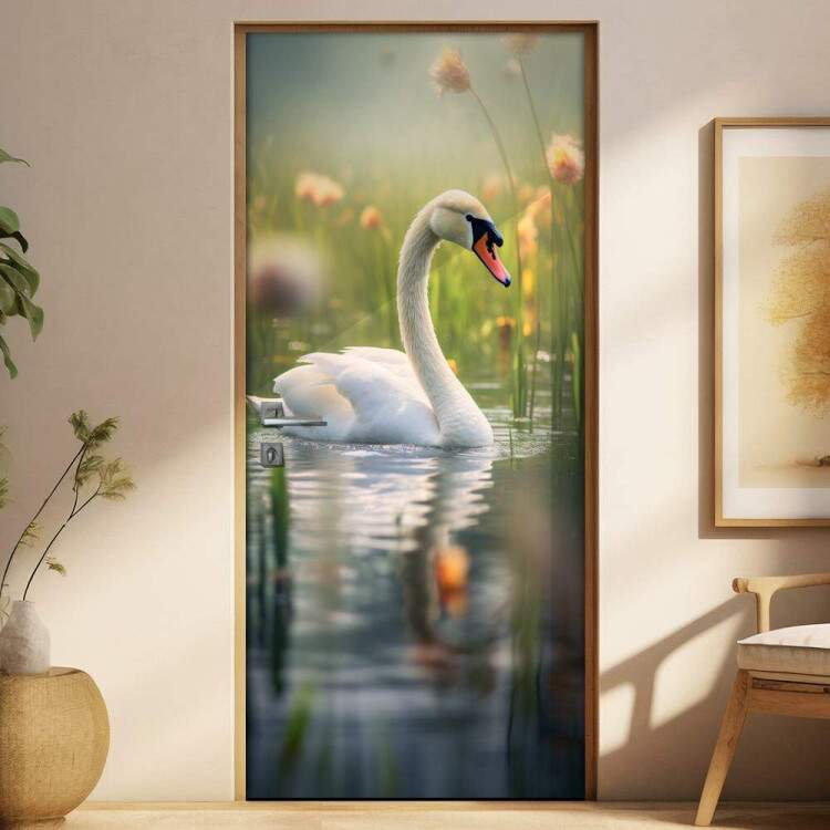 Adesivo de Porta Cisne Refletindo em gua