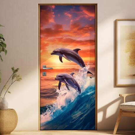 Adesivo de Porta Dana de Golfinhos em Onda com Lindo Pr do Sol