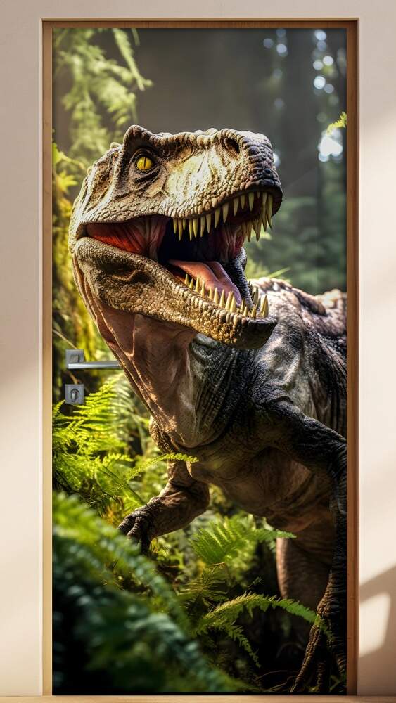 Adesivo de Porta Tiranossauro Rex Rugindo em Floresta