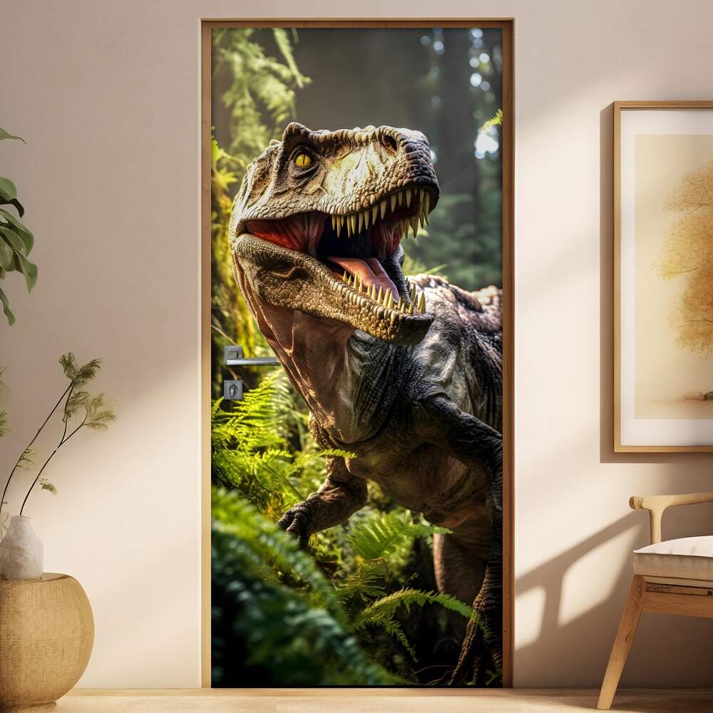 Adesivo de Porta Tiranossauro Rex Rugindo em Floresta