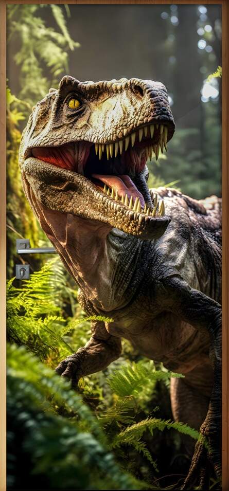 Adesivo de Porta Tiranossauro Rex Rugindo em Floresta