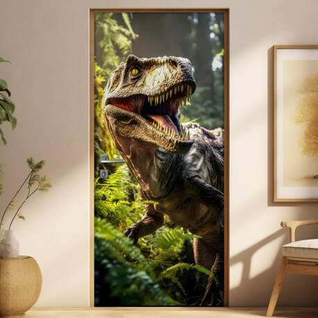 Adesivo de Porta Tiranossauro Rex Rugindo em Floresta