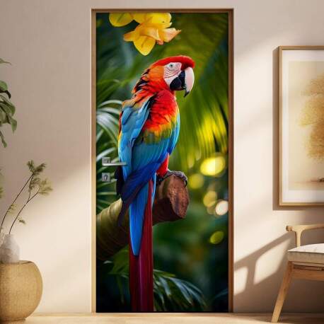 Adesivo de Porta Arara com Cores Vibrantes em Floresta Tropical