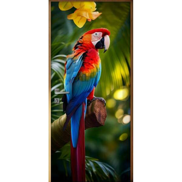 Adesivo de Porta Arara com Cores Vibrantes em Floresta Tropical