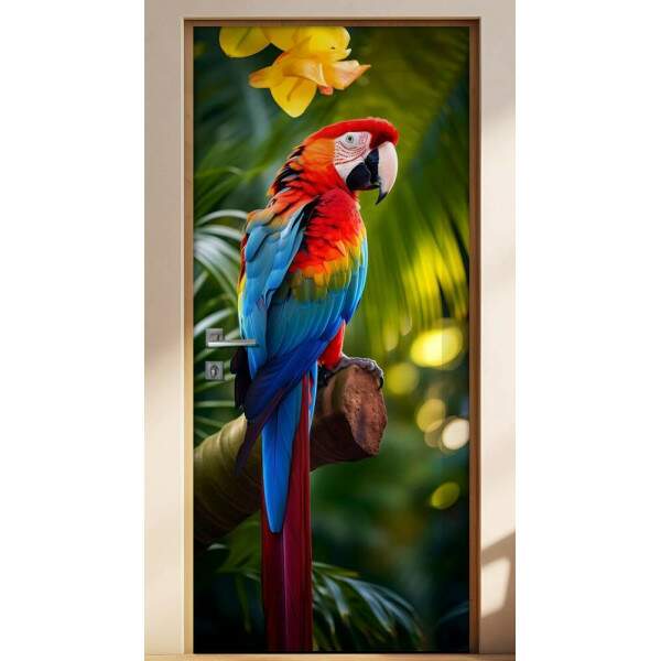 Adesivo de Porta Arara com Cores Vibrantes em Floresta Tropical