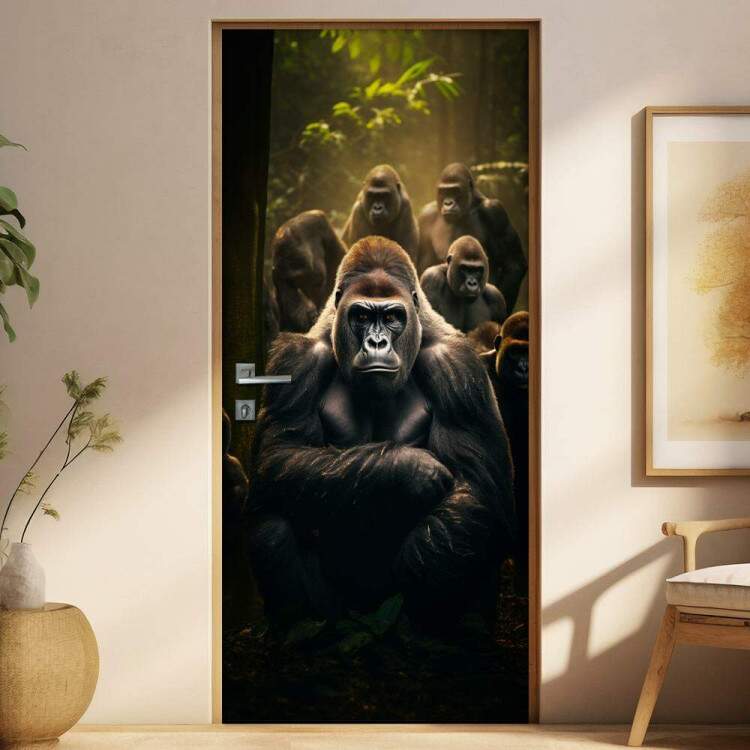Adesivo de Porta Gang de Gorilas em Floresta Iluminada
