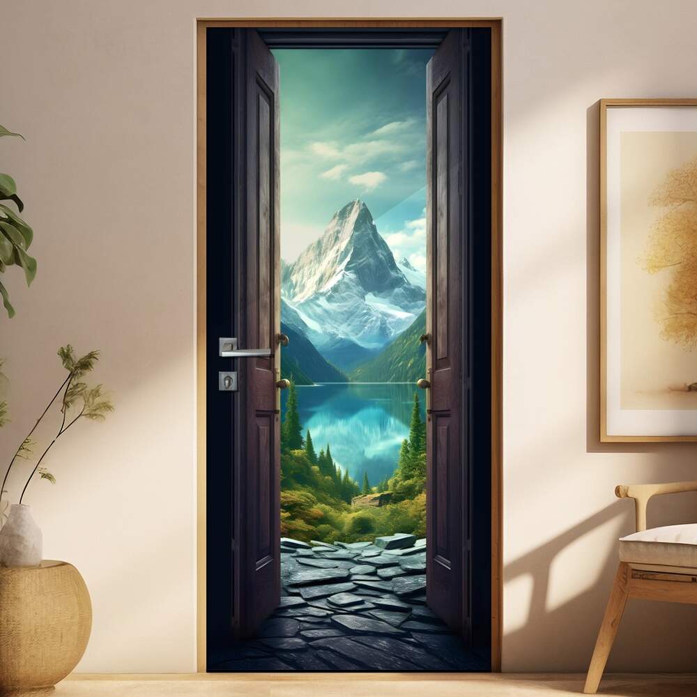Adesivo de Porta Portal Ilusionismo de Paisagem Montanhosa Refletindo em Rio com Pedras