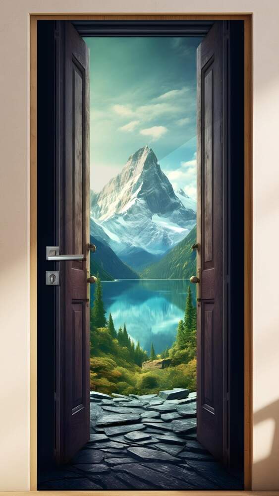 Adesivo de Porta Portal Ilusionismo de Paisagem Montanhosa Refletindo em Rio com Pedras