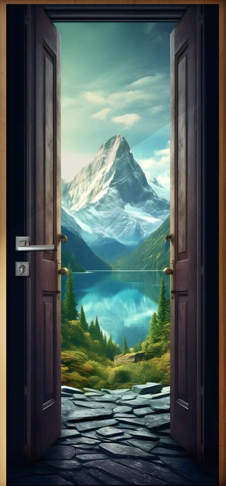 Adesivo de Porta Portal Ilusionismo de Paisagem Montanhosa Refletindo em Rio com Pedras