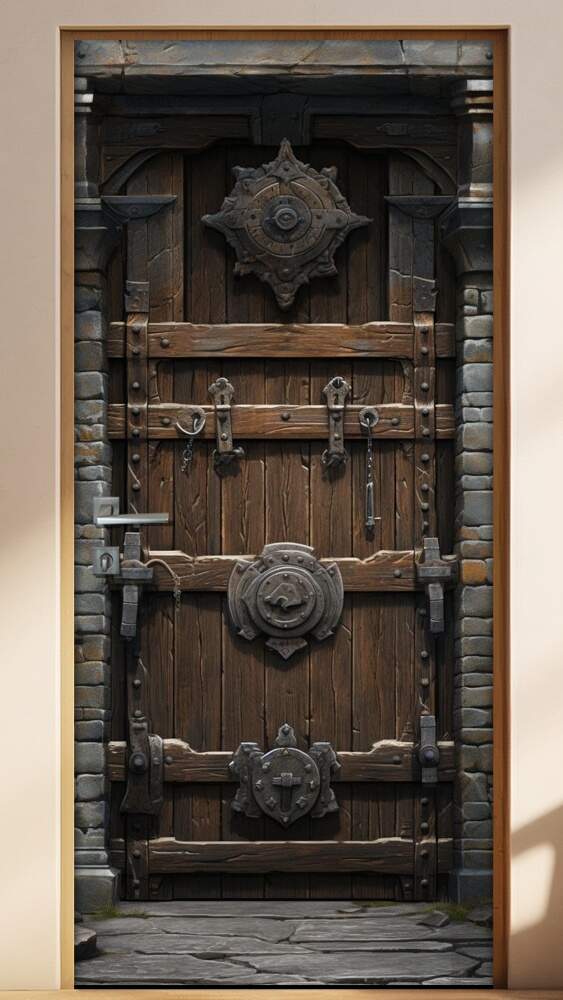 Adesivo de Porta Antiga Estilo Medieval Refor�ada com Metal