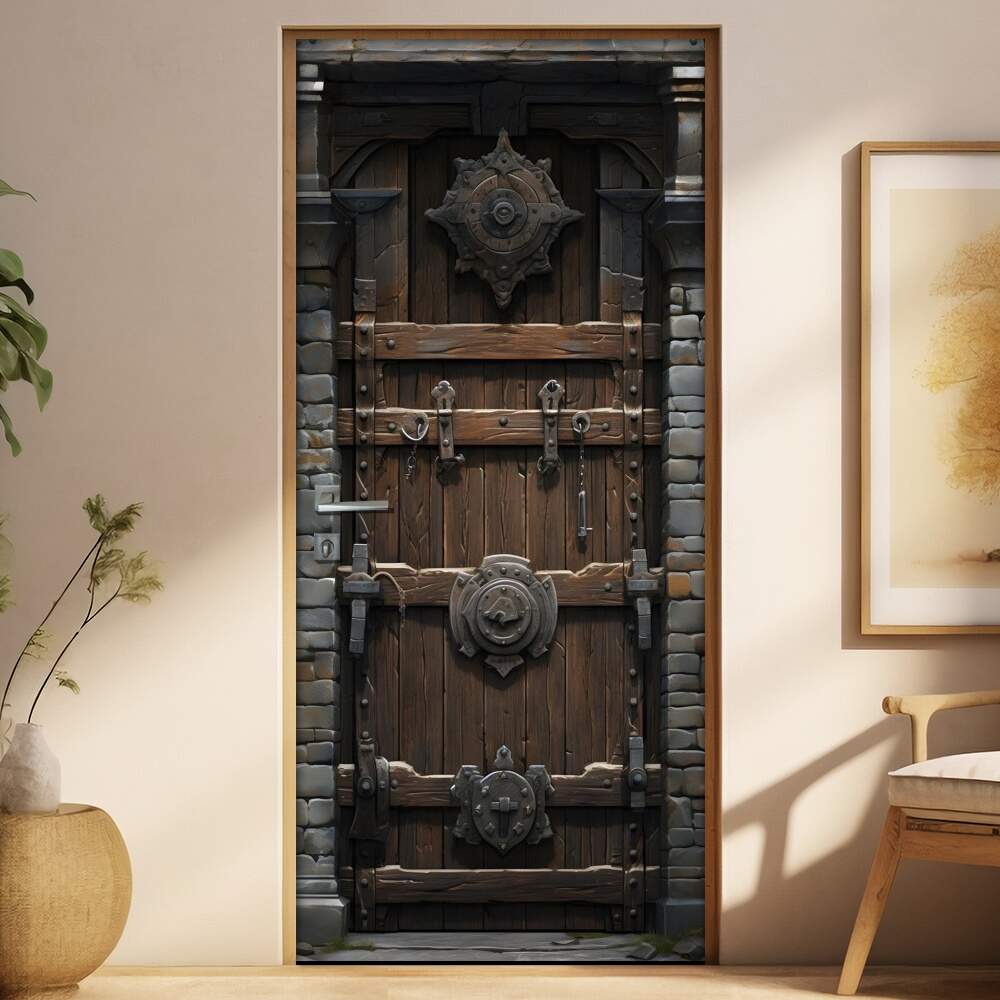 Adesivo de Porta Antiga Estilo Medieval Reforada com Metal