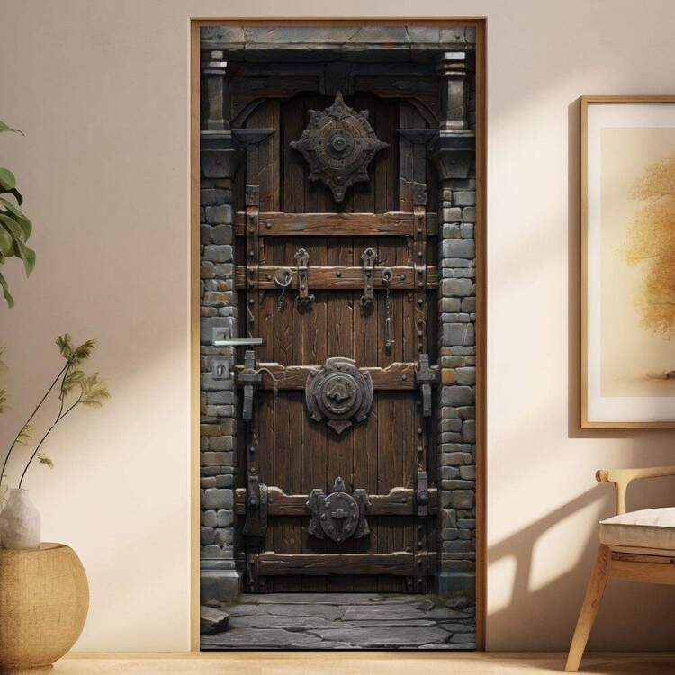 Adesivo de Porta Antiga Estilo Medieval Reforada com Metal