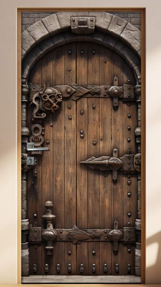Adesivo de Porta Antiga Estilo Medieval Refor�ada com Madeira