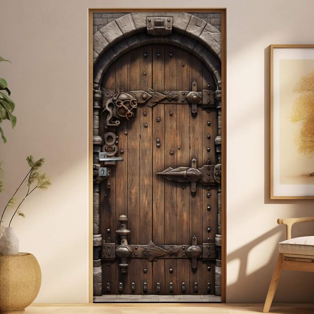 Adesivo de Porta Antiga Estilo Medieval Reforada com Madeira
