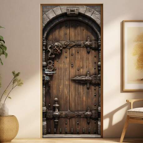 Adesivo de Porta Antiga Estilo Medieval Reforada com Madeira