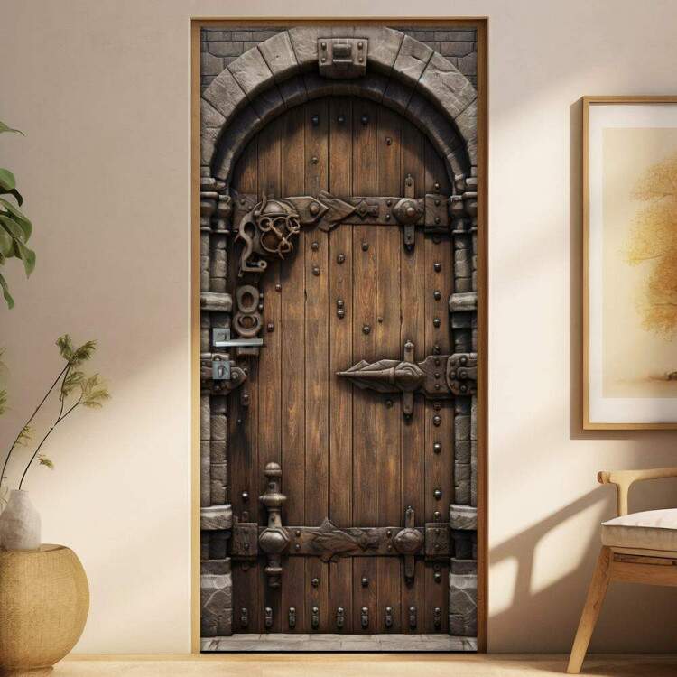 Adesivo de Porta Antiga Estilo Medieval Reforada com Madeira