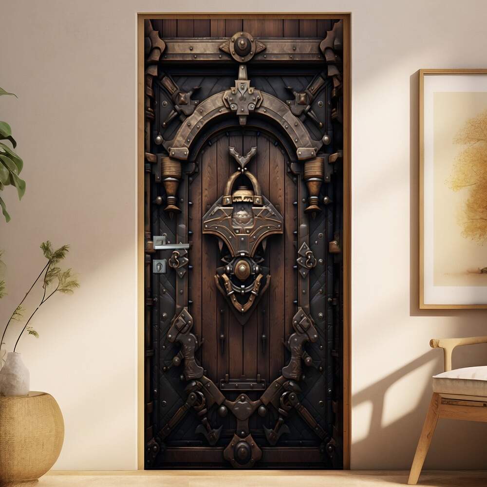 Adesivo de Porta Antiga Estilo Medieval Reforada com Madeira e Metal