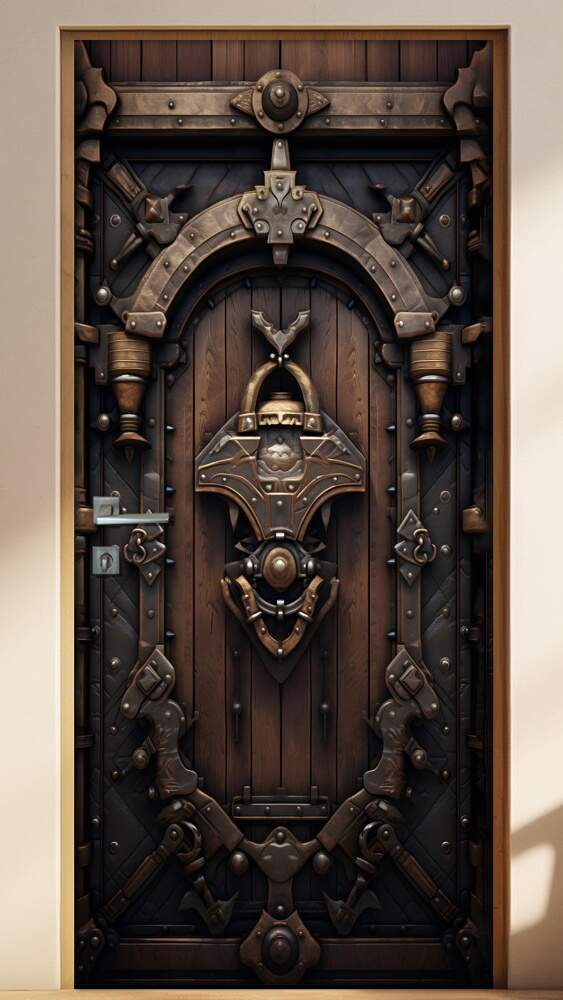 Adesivo de Porta Antiga Estilo Medieval Refor�ada com Madeira e Metal
