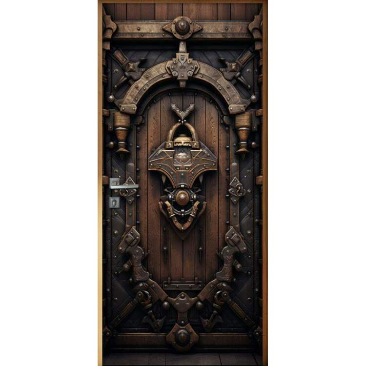 Adesivo de Porta Antiga Estilo Medieval Reforada com Madeira e Metal