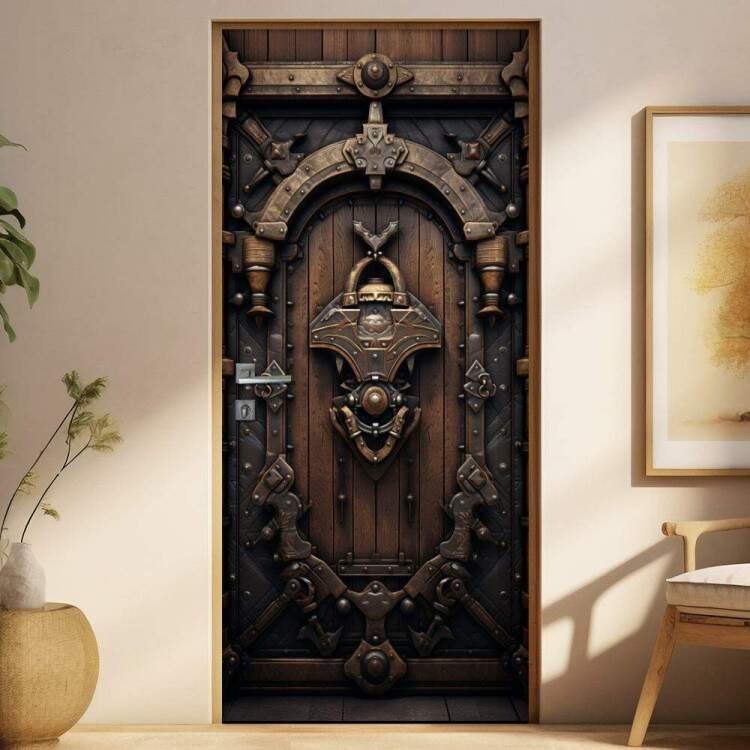 Adesivo de Porta Antiga Estilo Medieval Reforada com Madeira e Metal