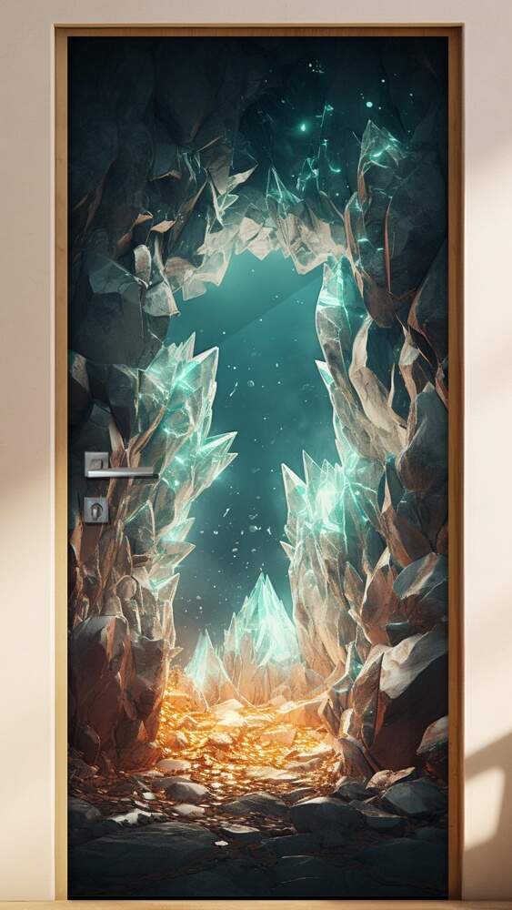 Adesivo de Porta Portal Se Abrindo Para Caverna M�stica Repleta de Cristais Iluminados
