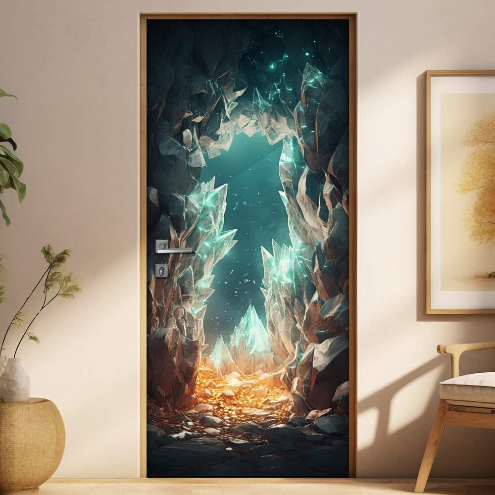 Adesivo de Porta Portal Se Abrindo Para Caverna Mstica Repleta de Cristais Iluminados