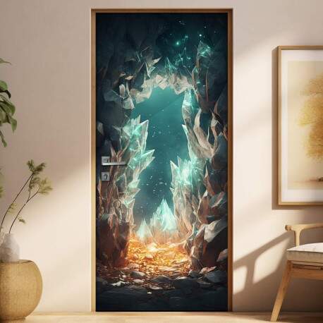 Adesivo de Porta Portal Se Abrindo Para Caverna Mstica Repleta de Cristais Iluminados