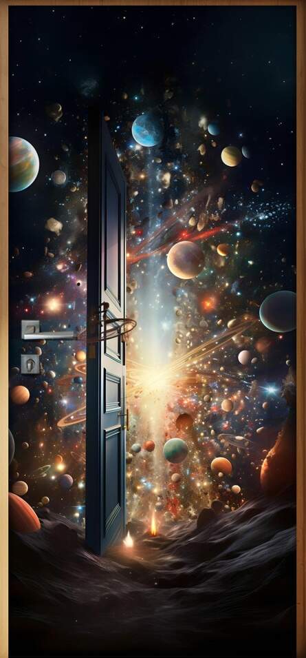 Adesivo de Porta Portal Se Abrindo Para Zona Espacial Repleto de Planetas