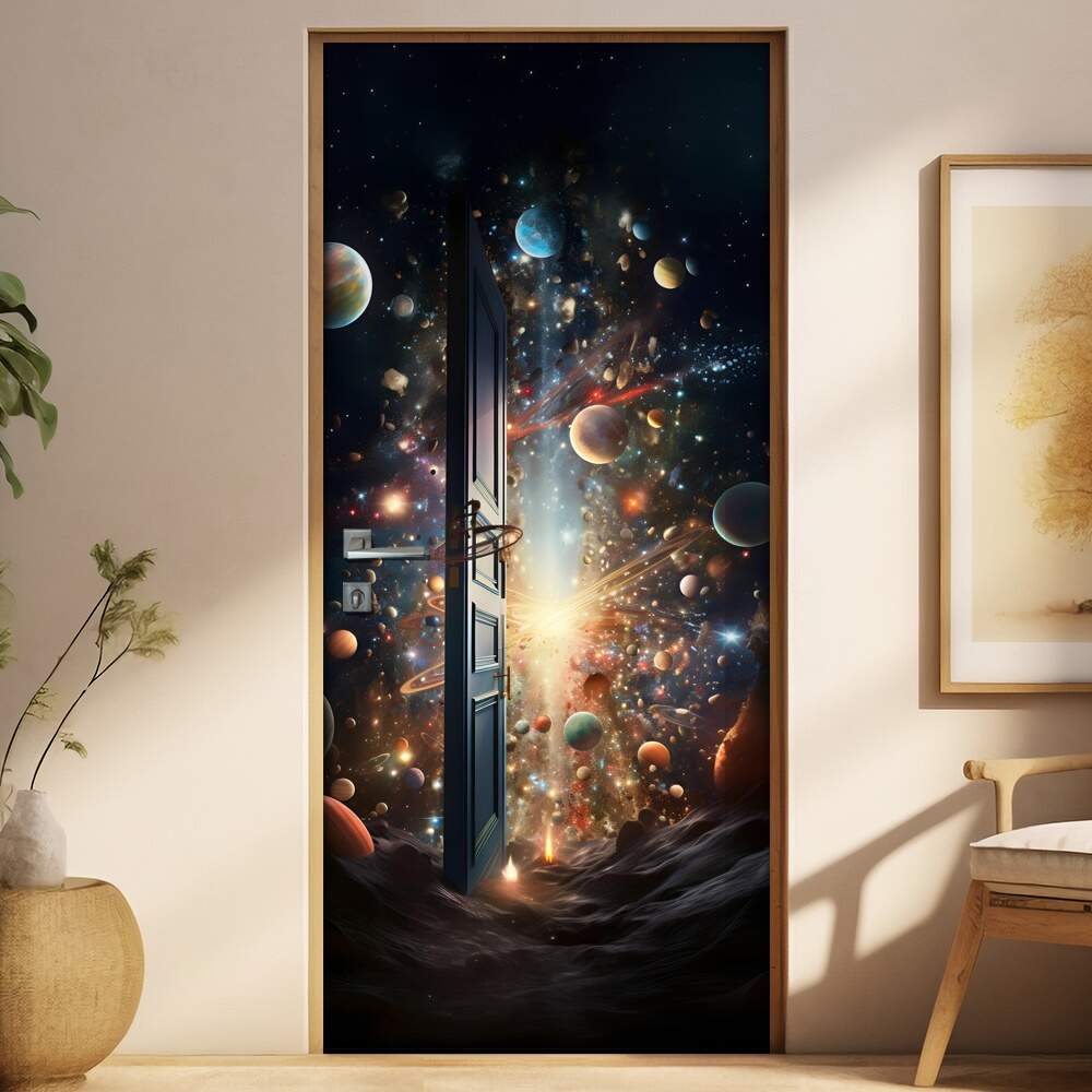 Adesivo de Porta Portal Se Abrindo Para Zona Espacial Repleto de Planetas