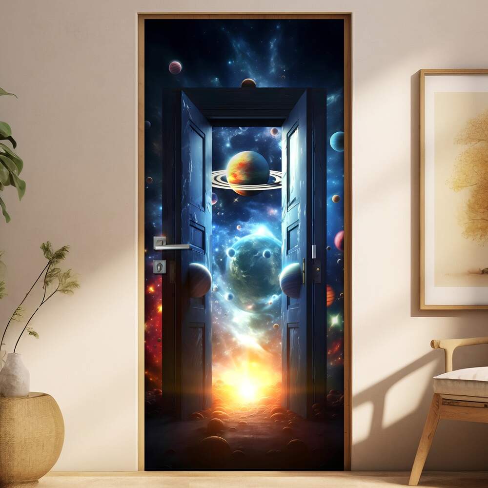 Adesivo de Porta Portal Se Abrindo Para Zona Espacial Repleto de Galxias