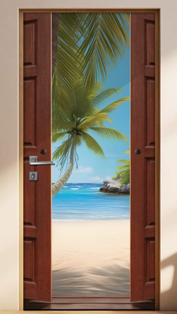 Adesivo de Porta Portal Se Abrindo Para uma Bela Praia com Coqueiros
