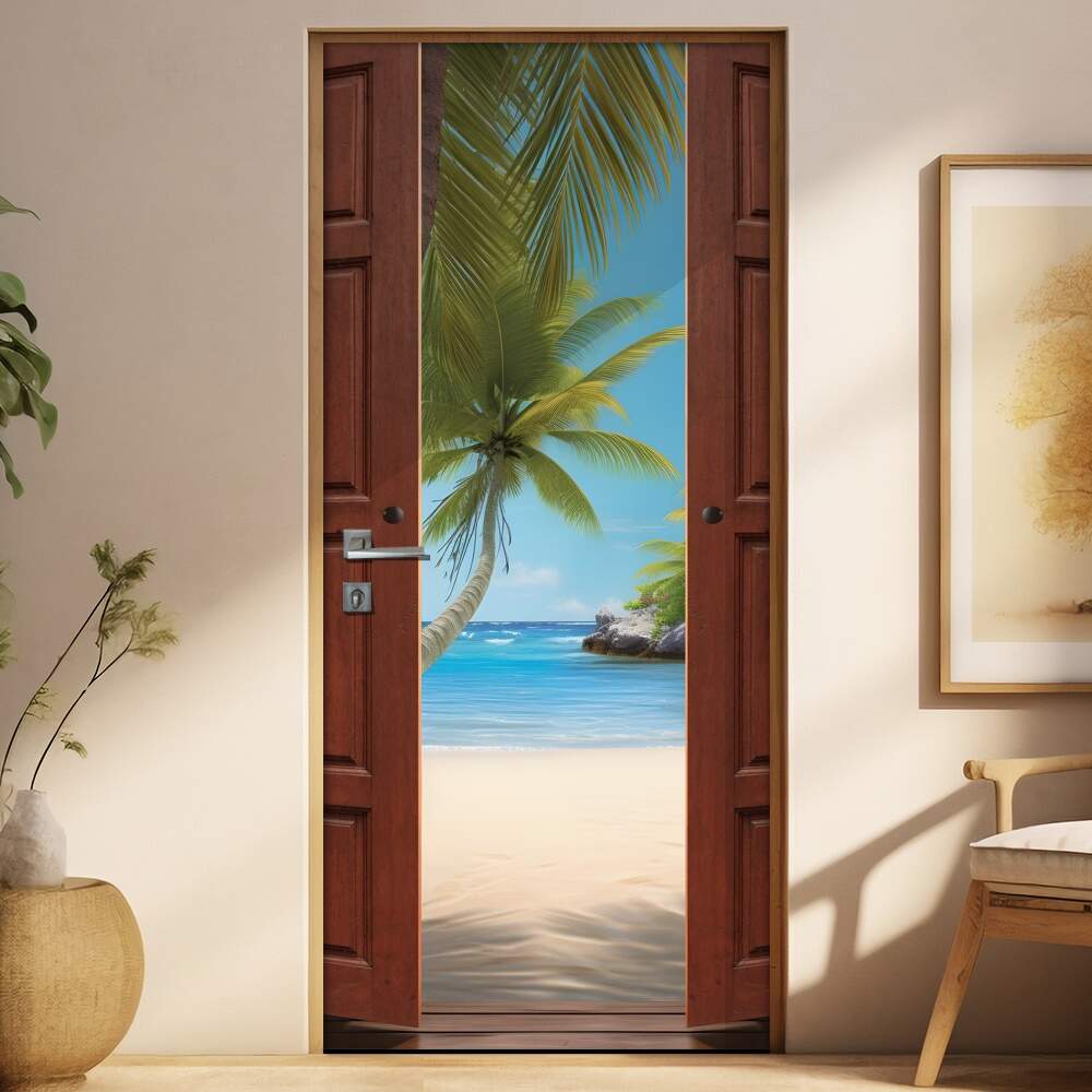 Adesivo de Porta Portal Se Abrindo Para uma Bela Praia com Coqueiros