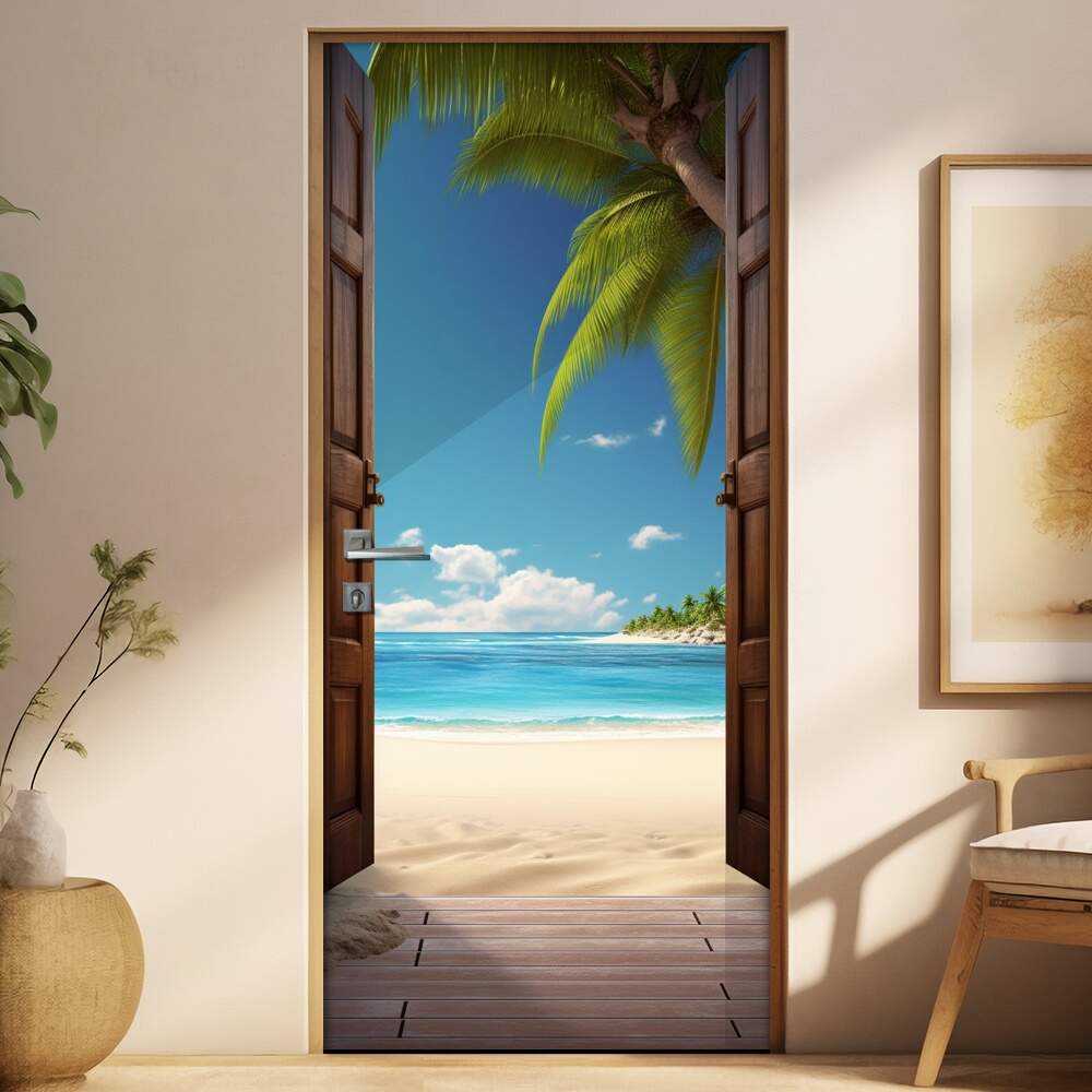 Adesivo de Porta Portal Se Abrindo Para uma Bela Praia com Cu Azul