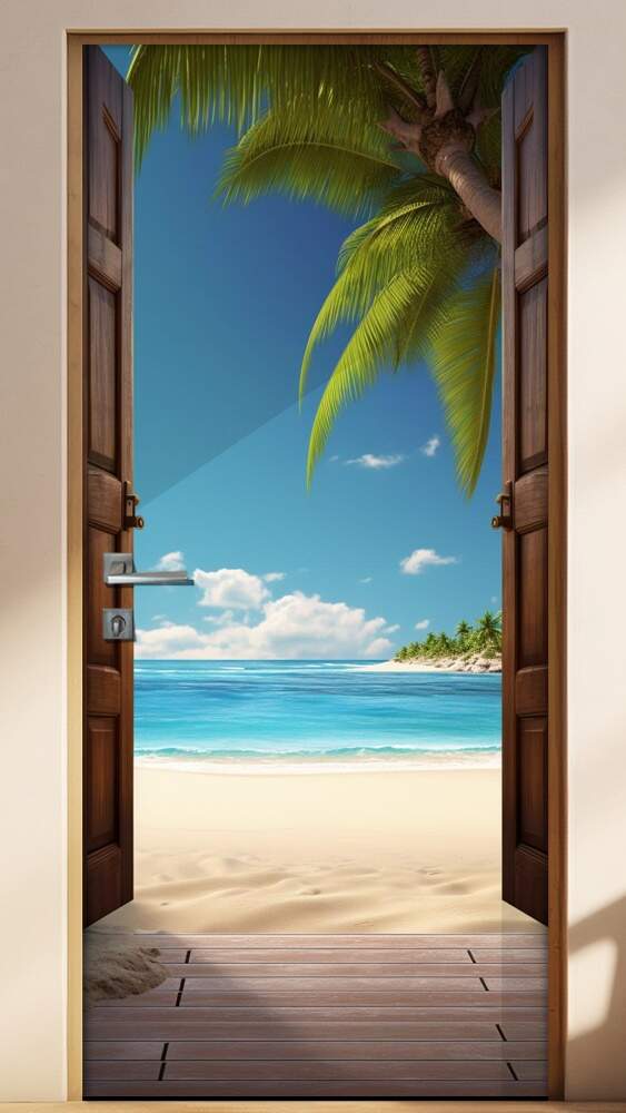 Adesivo de Porta Portal Se Abrindo Para uma Bela Praia com C�u Azul